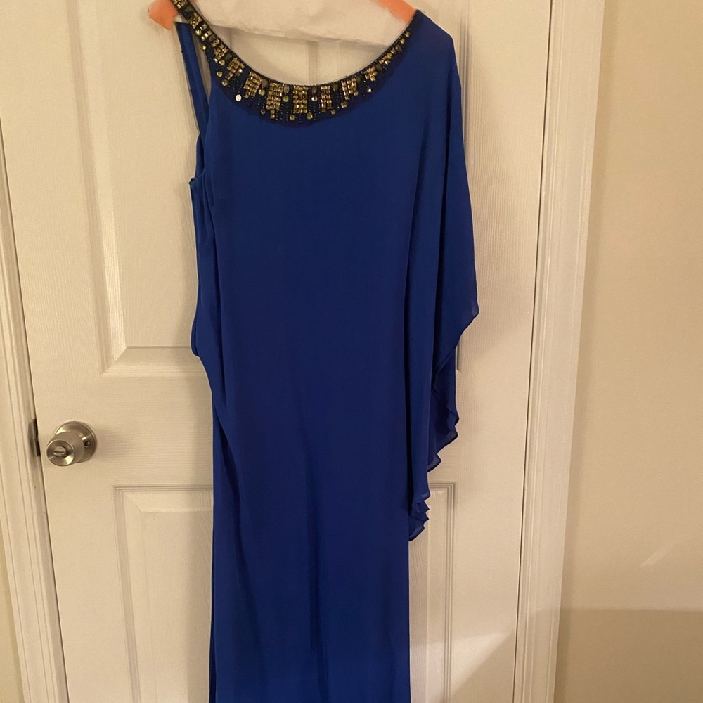 BCBG blue silk gown with beading / sequins